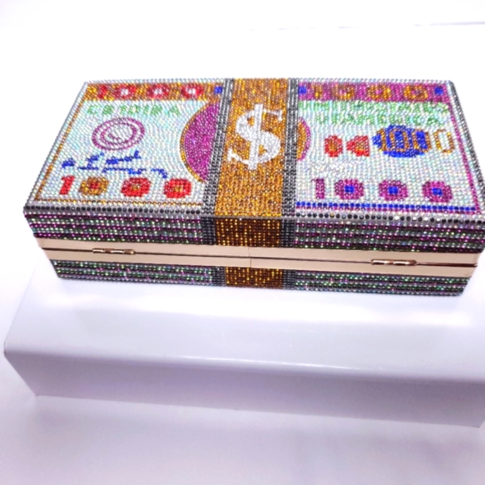 Money Bling Rhinestone Hard Case Clutch - Picture 5 of 15